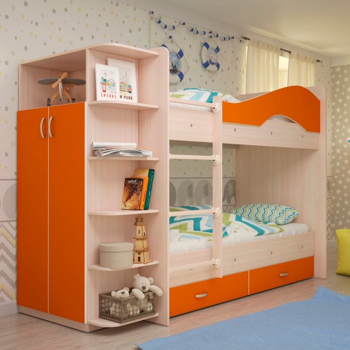 Кровать 2-х ярусная 800х1900 с ящиками и шкафом, млечный дуб/оранж