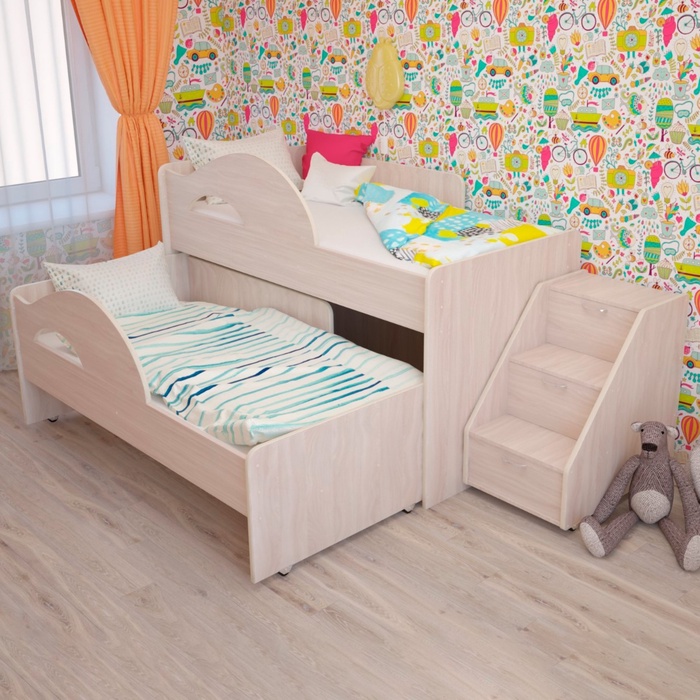 Кровать двухъярусная выкатная Матрешка 800х1600 с лестницей Млечный дуб