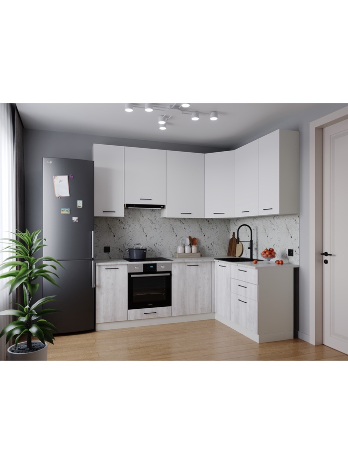 Кухонный гарнитур угловой «БЛАНКА», 2200×1600 мм, цвет жемчуг/пайн мрамор марквина белый