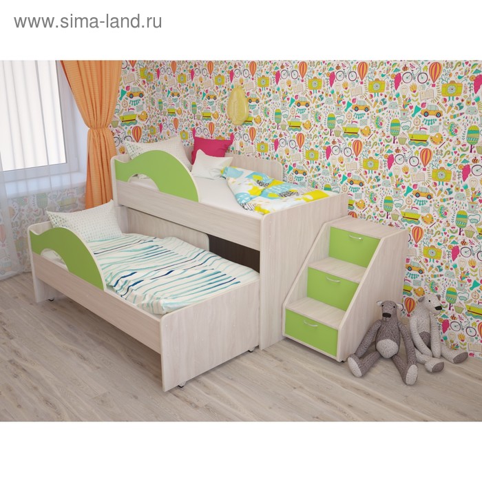 Кровать двухъярусная выкатная Матрешка 800х1600 с лестницей Зеленый/млечный дуб