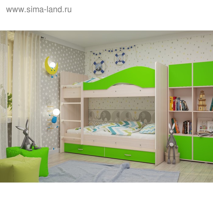 Кровать 2-х ярусная 800х1900 с ящиками, млечный дуб/лайм