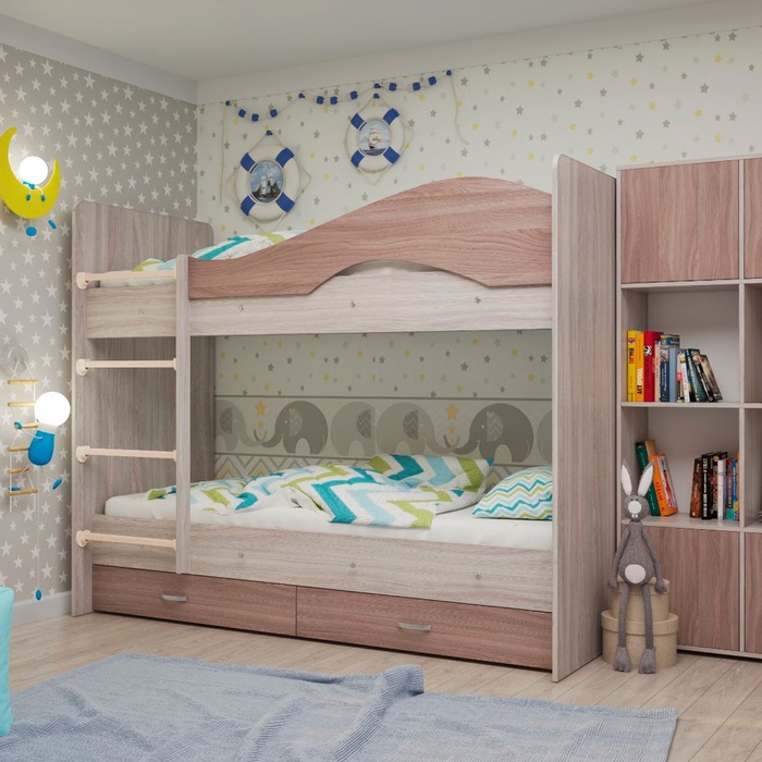 Кровать 2-х ярусная 800х1900 с ящиками, Ясень шимо