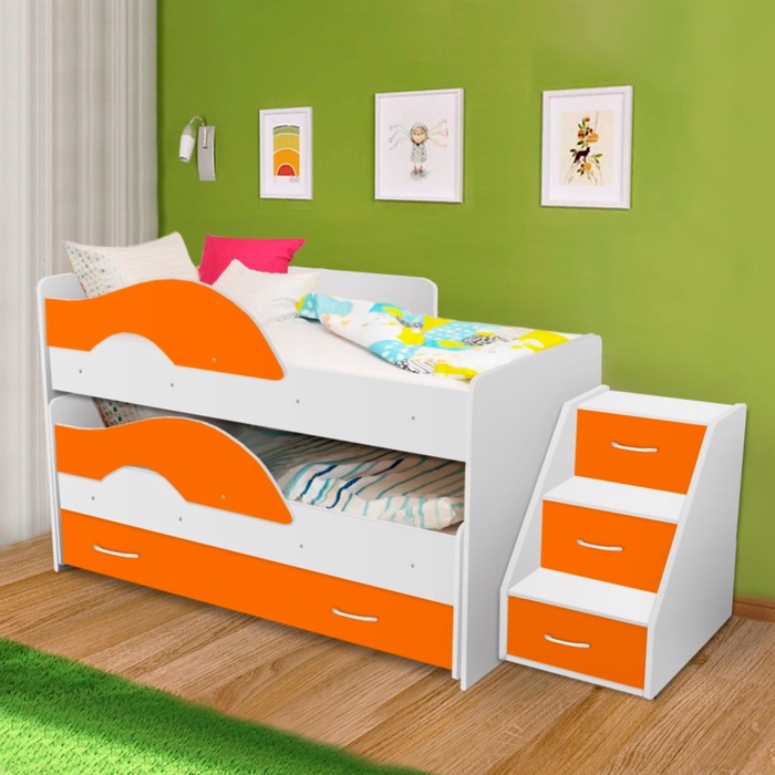 Кровать двухъярусная выкатная Матрешка Оранж/белый 800х1600 с ящиком и лестницей
