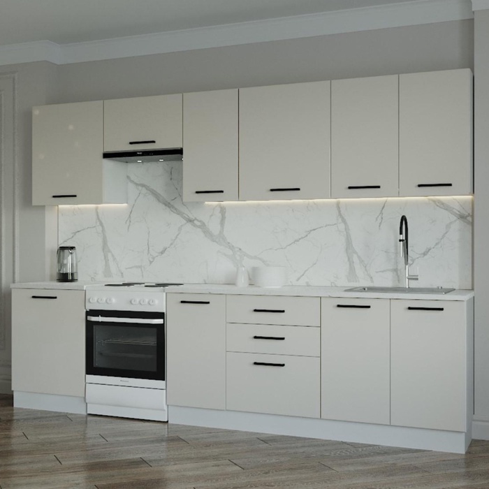 Кухня прямая «Шампань», 3000×600 мм, цвет белый/мрамор марквина белый/сатин