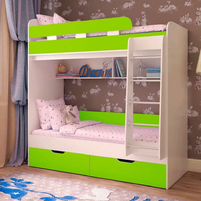 Детская двухъярусная кровать Юниор-5 белое дерево/лайм