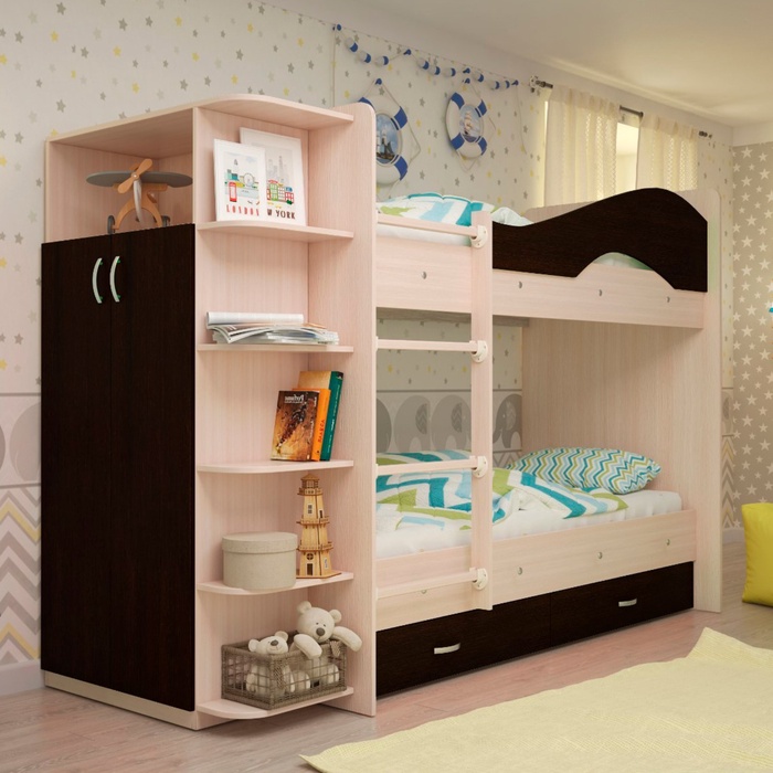 Кровать 2-х ярусная, 800х1900, с ящиками и шкафом, Венге/Млечный дуб