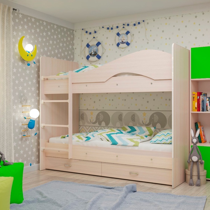 Кровать 2-х ярусная 800х1900 с ящиками, млечный дуб