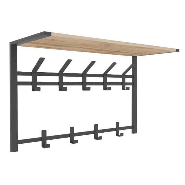 вешалка настенная с полкой 2-х ярусная ТОРОНТО 9 крючков 670х270х545мм металл/ЛДСП черная/дуб вотан