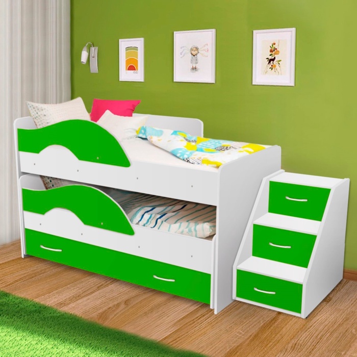 Кровать двухъярусная выкатная Матрешка Зеленый/белый 800х1600 с ящиком и лестницей