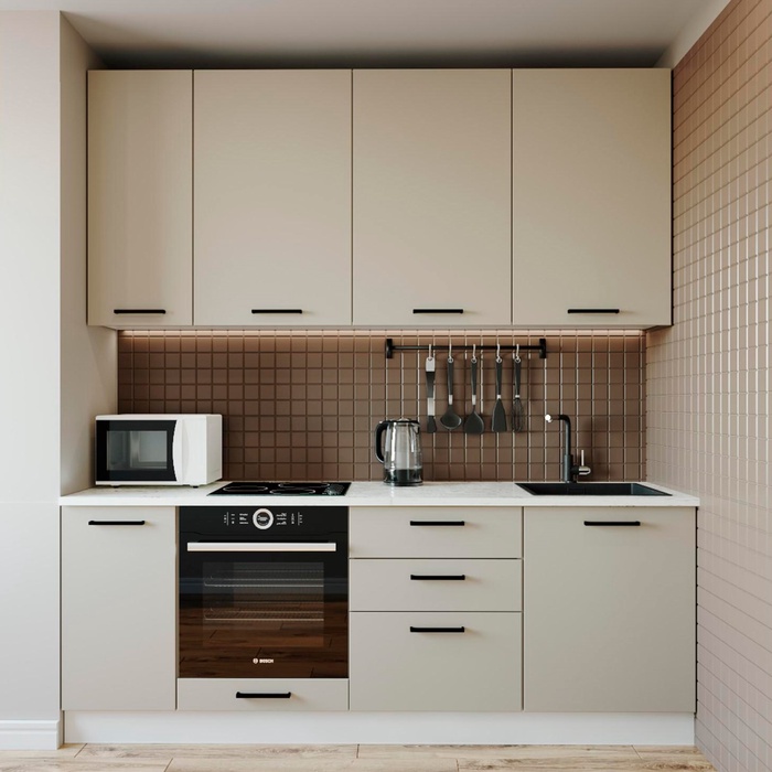 Кухня прямая «Шампань», 2200×600 мм, цвет белый/мрамор марквина белый/сатин