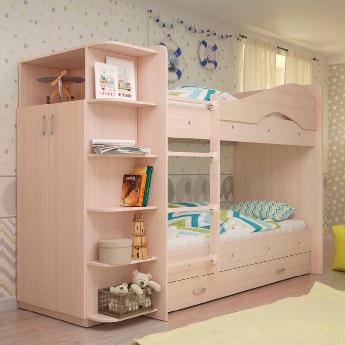 Кровать 2-х ярусная 800х1900 с ящиками и шкафом, Млечный дуб