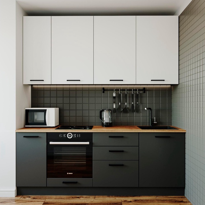 Кухня прямая «Вегас», со столешницей, 2200×600 мм, цвет антрацит/дуб вотан/антрацит/жемчуг