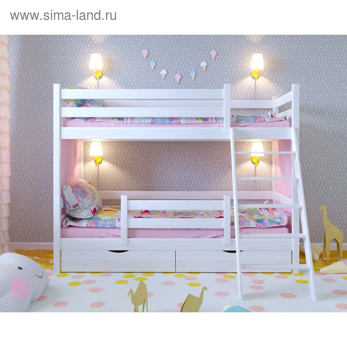 Двухъярусная кровать Сонечка с ящиками, защитой Белый 800х1900 Без текстиля