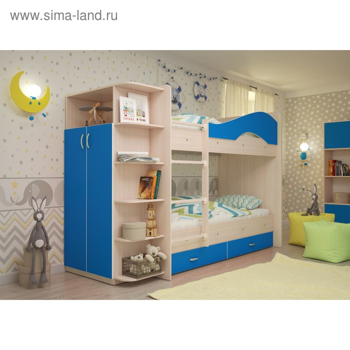 Кровать 2-х ярусная, 800х1900, с ящиками и шкафом, Дуб млечный/Синий