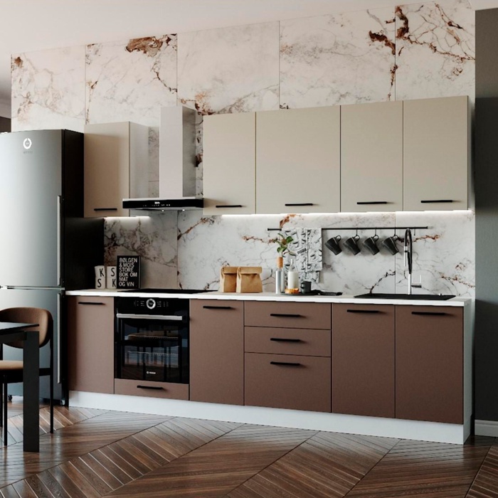 Кухня прямая «Латте», со столешницей, 2800×600 мм, цвет белый/мрамор марквина белый/сатин/мокко