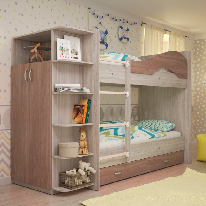 Кровать 2-х ярусная 800х1900 с ящиками и шкафом, ясень шимо