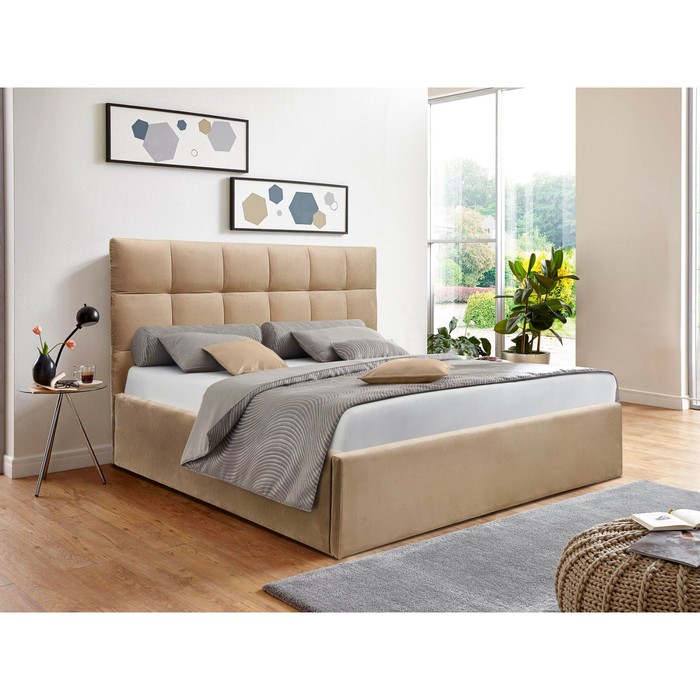 Кровать двуспальная «Фрейм Клетка», с подъёмным механизмом, 2000×2000 мм, велюр vivaldi, цвет бежевый