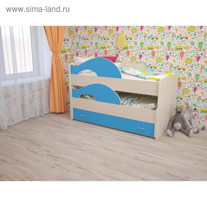 Кровать двухъярусная выкатная Матрешка 800х1600 с ящиком Синий/млечный дуб